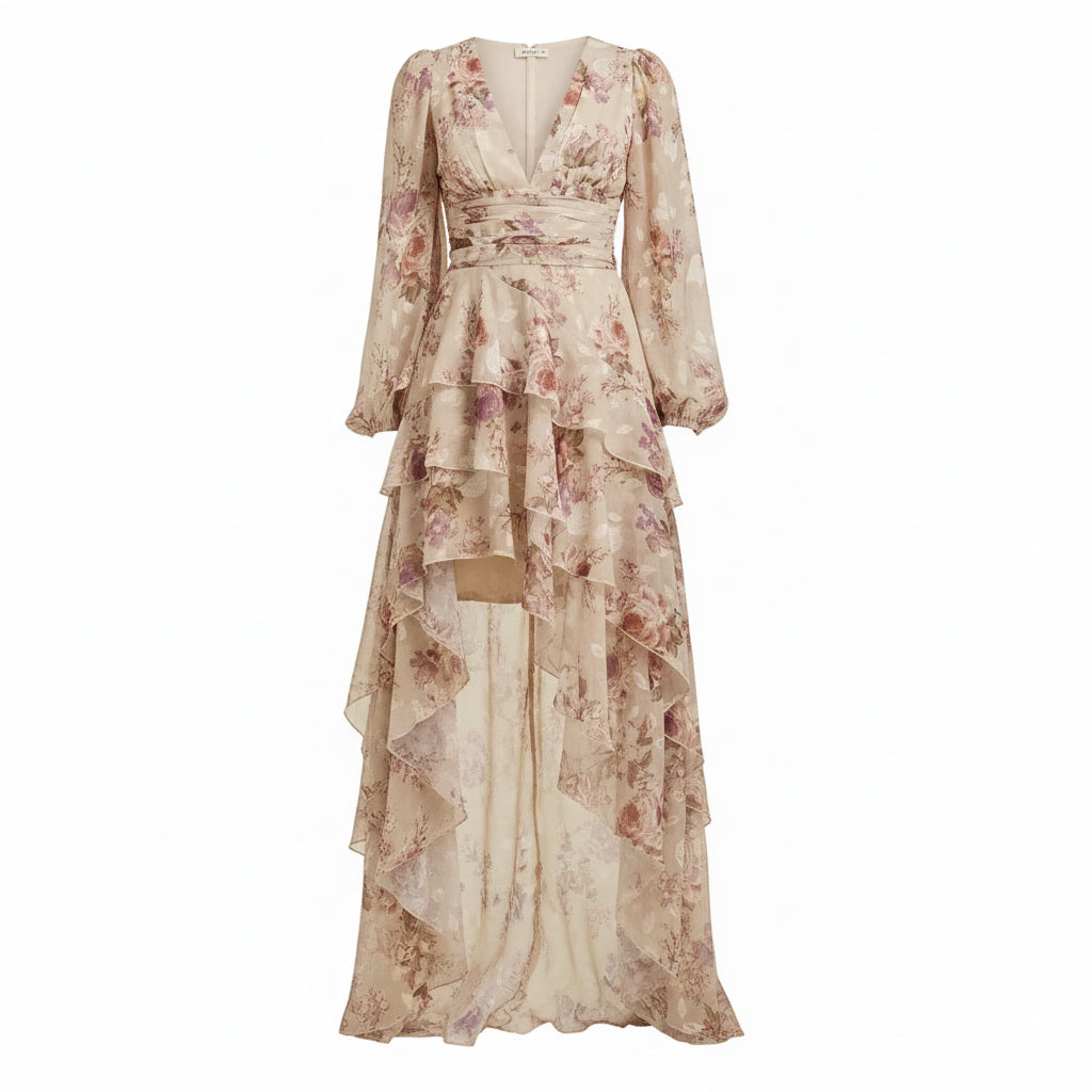 Floral Chiffon Tiered High-Low Maxi Dress