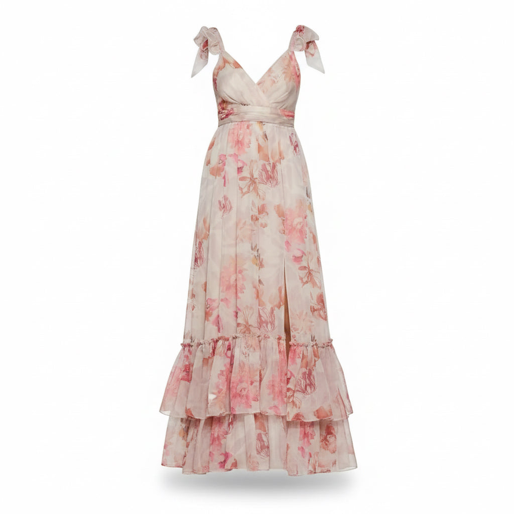 Ruffled Shoulder Floral Chiffon Tiered Maxi Dress