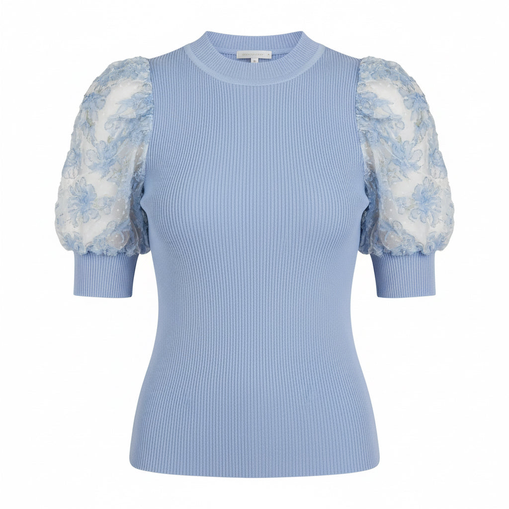 Floral Applique Puff Sleeve Knit Top