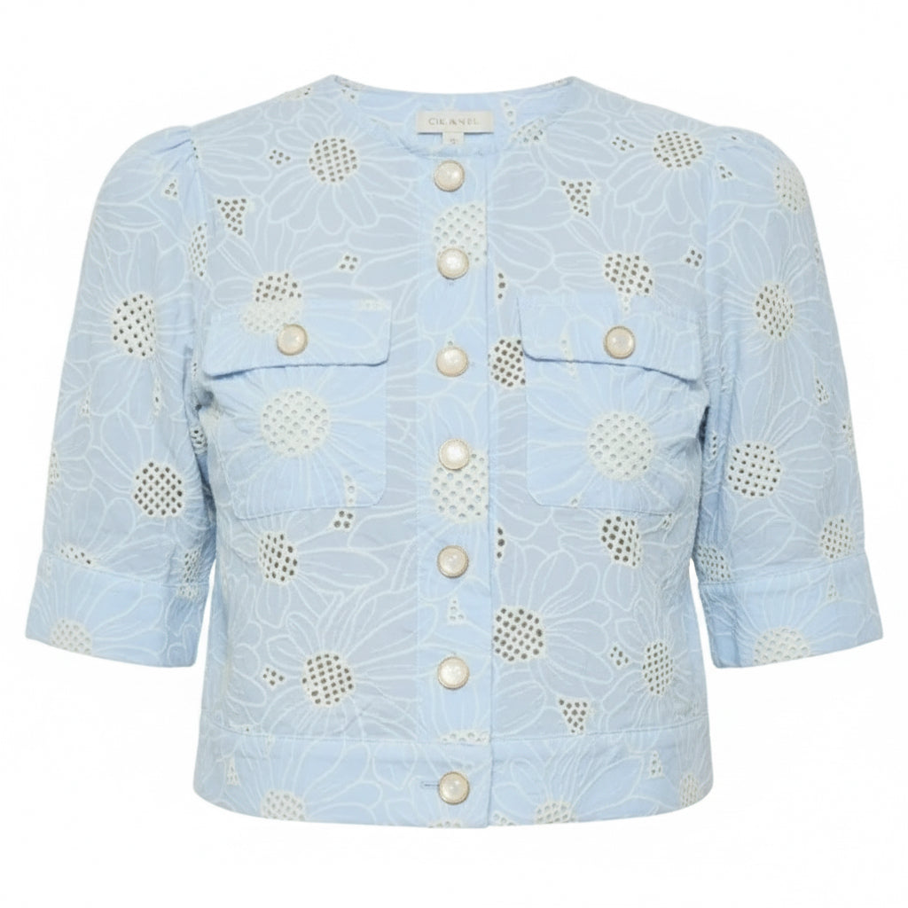 Embroidered Eyelet Cropped Button-Up Top
