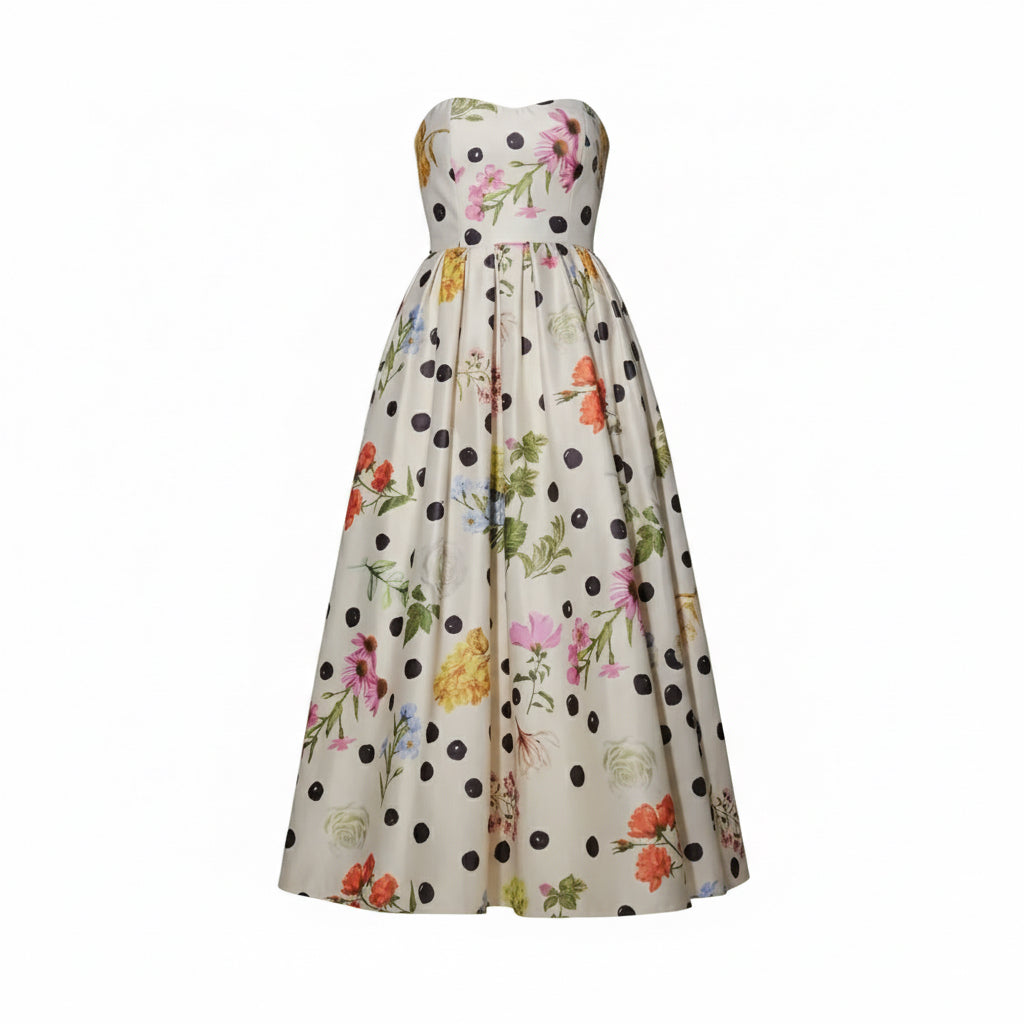 Floral Polka Dot Strapless Satin Midi Dress