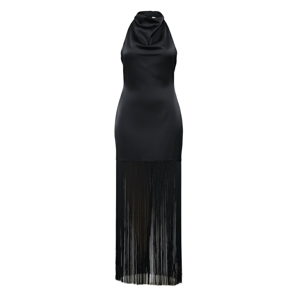 Fringe Hem Satin Black Dress
