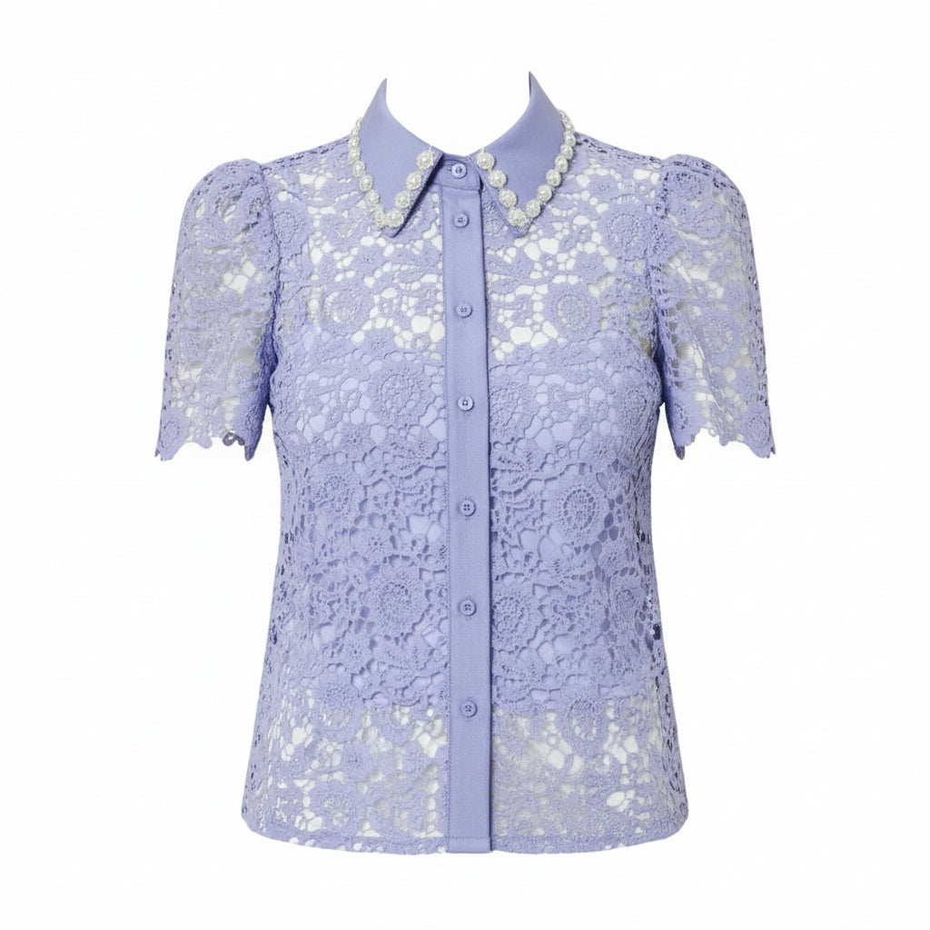 Luxe Pearl Embellished Collar Lace Blouse