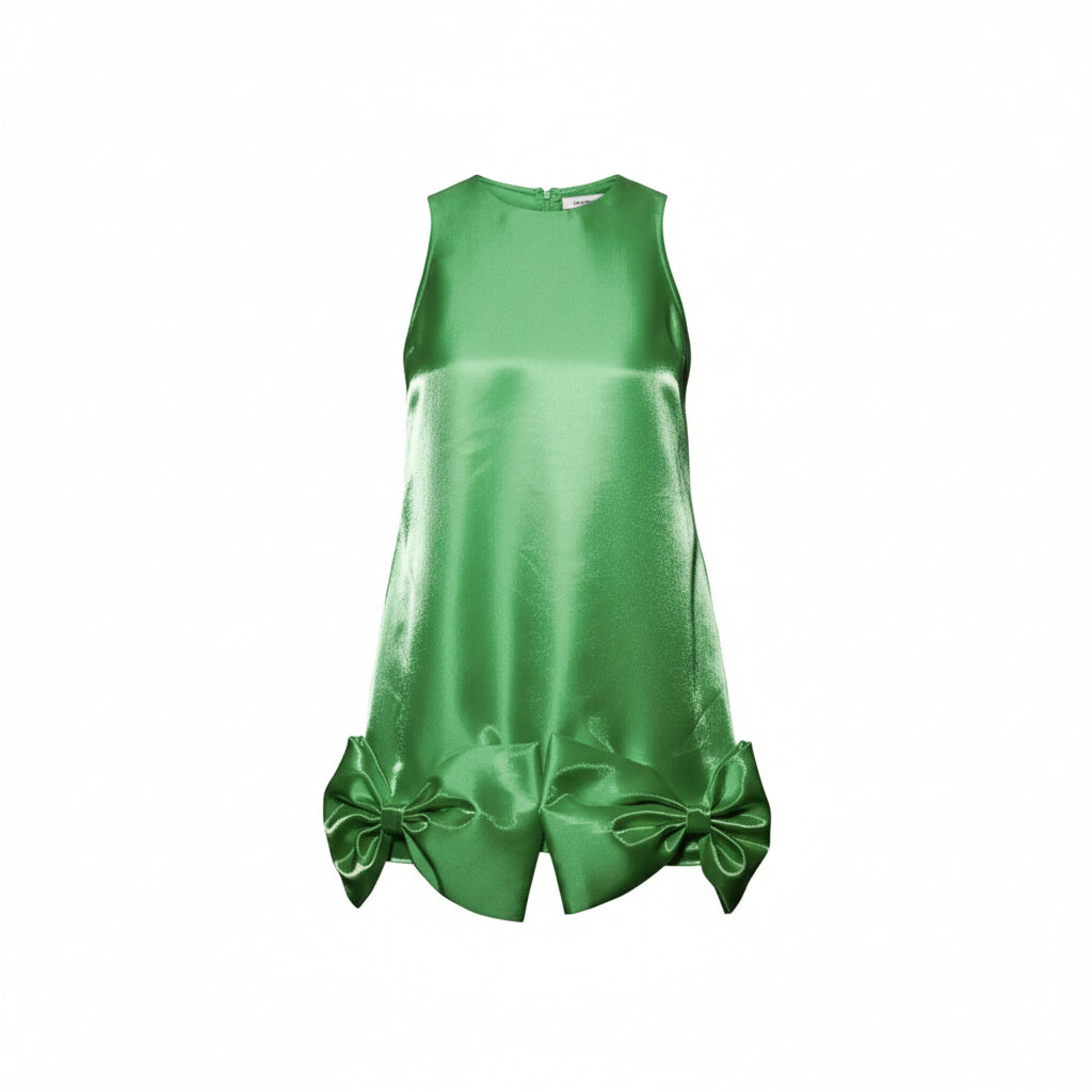 Metallic Satin Bow Hem Mini Dress