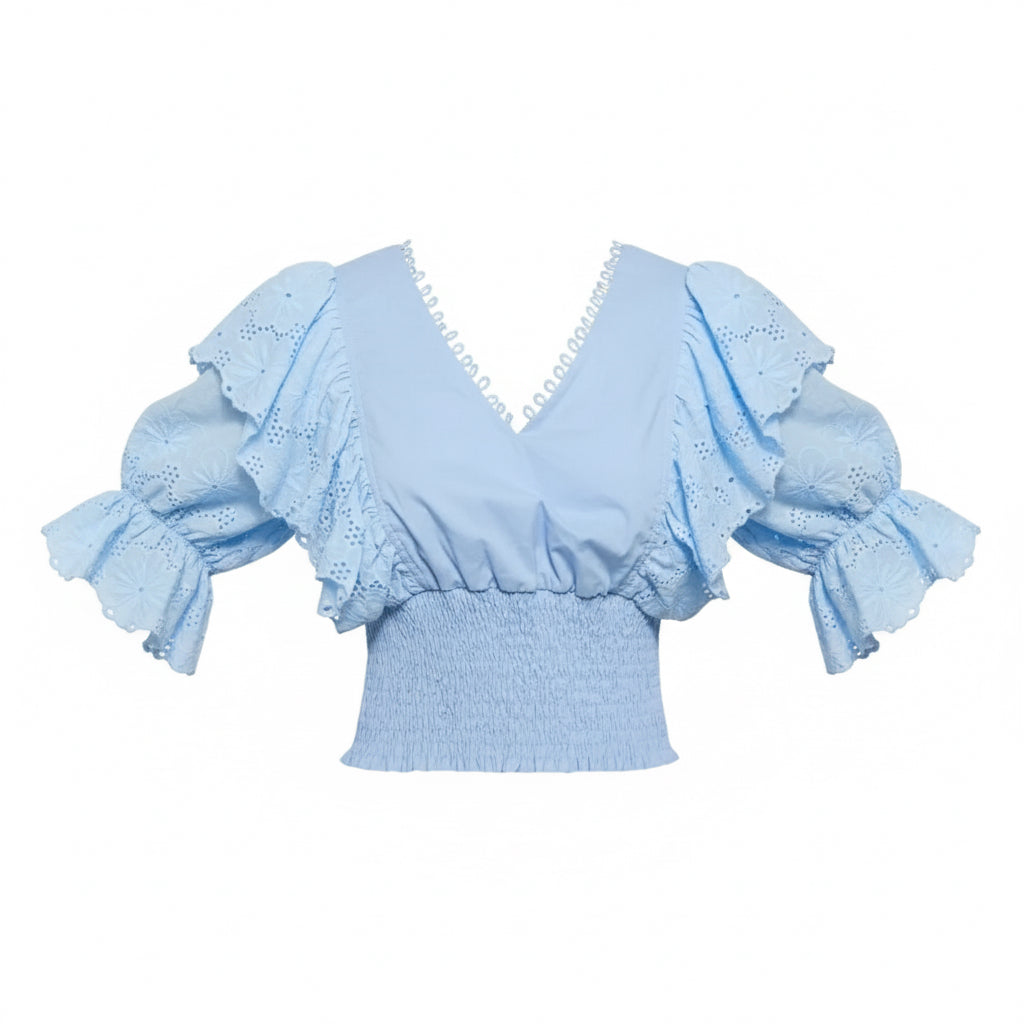 Cotton Eyelet Ruffle Tie-Back Smocked Crop Top