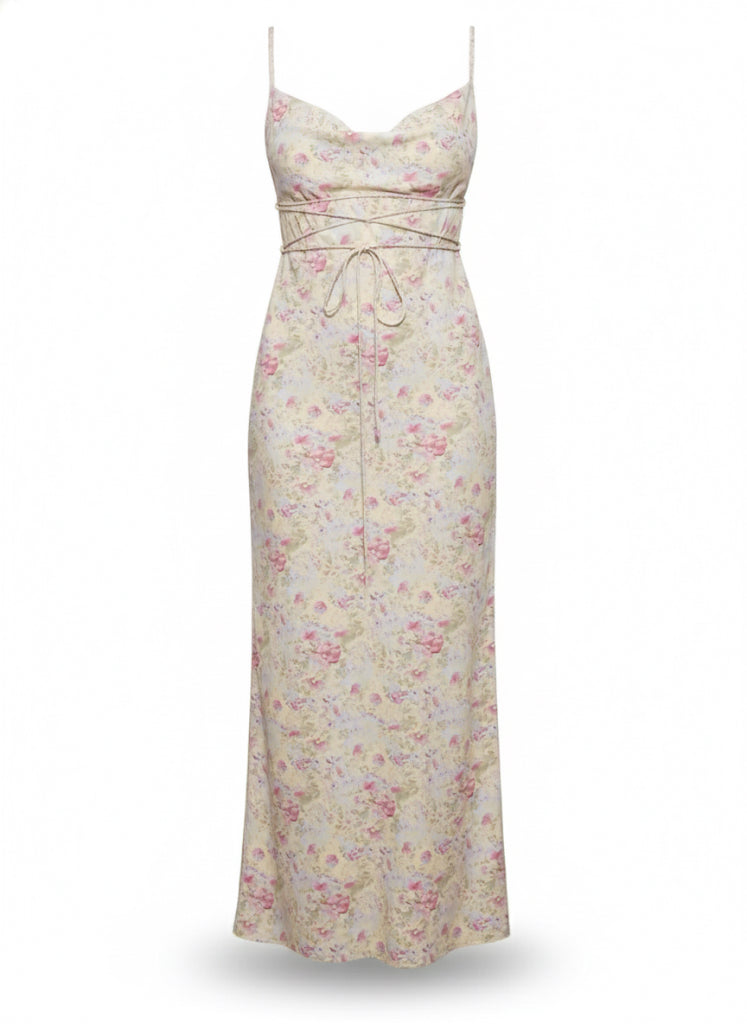 Lace Up Floral Print Maxi Dress