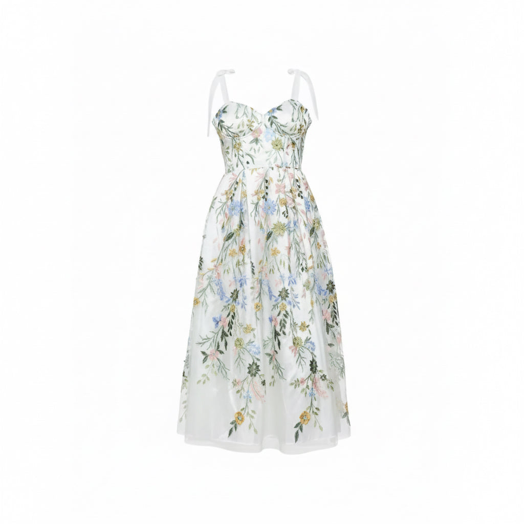 Romantic Floral Embroidered Mesh Midi Dress