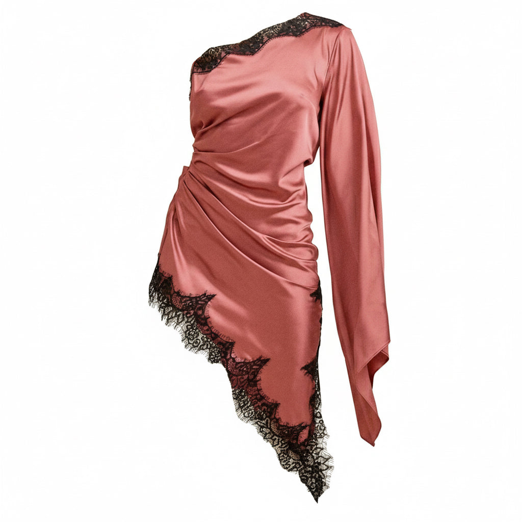 One-Shoulder Satin Lace Trim Dress